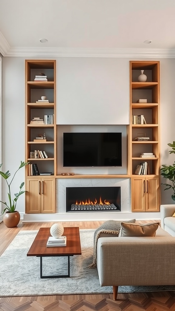 Living room with built-in shelves and an entertainment center