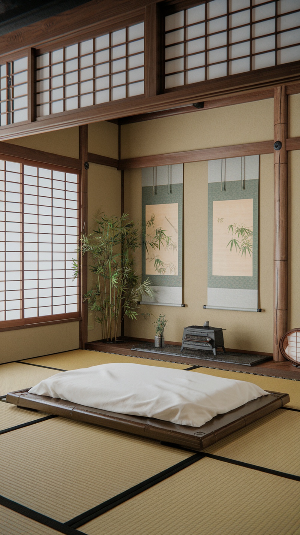 A serene Japanese bedroom with bamboo accents and traditional decor.