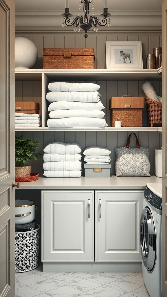 Organized laundry room shelving with towels, baskets, and decorative items.