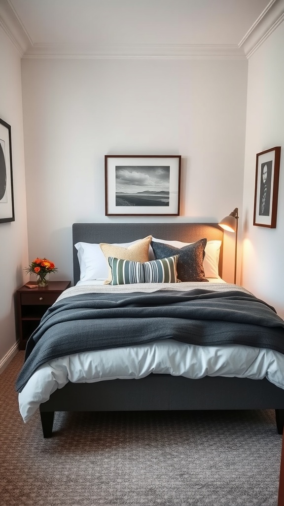 A cozy small bedroom with a neatly made bed featuring layered bedding and decorative pillows.