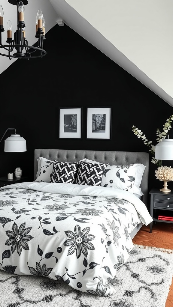 A stylish black and white bedroom featuring floral patterns on bedding and contrasting walls.