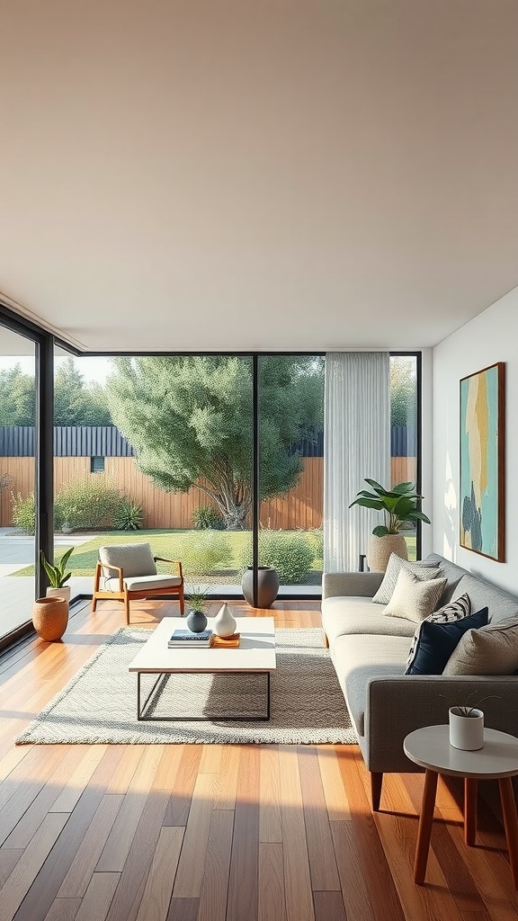 A modern living room with large windows overlooking a garden, featuring a neutral palette and wooden flooring.