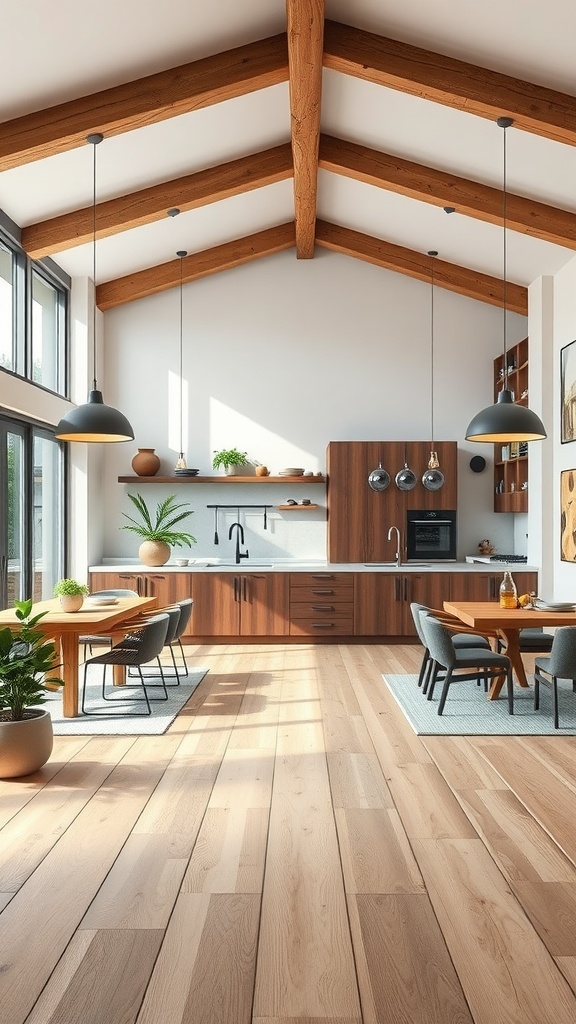 An open kitchen and living room with modern and rustic elements, featuring wooden beams and sleek appliances.