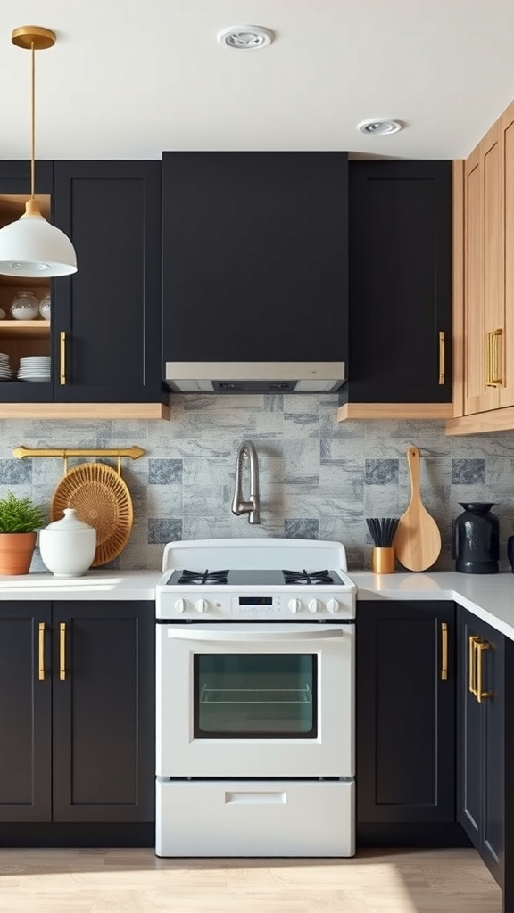 A modern kitchen with dark lower cabinets and light upper cabinets, featuring gold hardware.