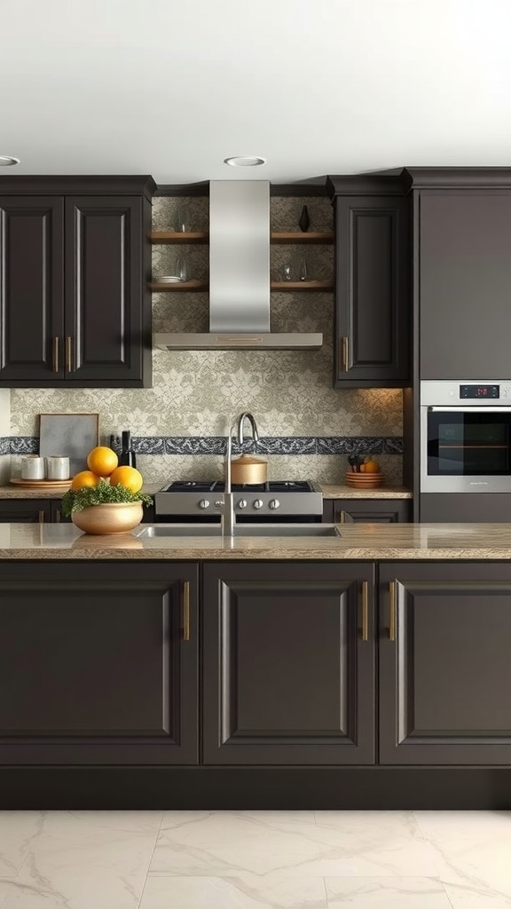 A stylish kitchen featuring two tone cabinets with dark and light colors.
