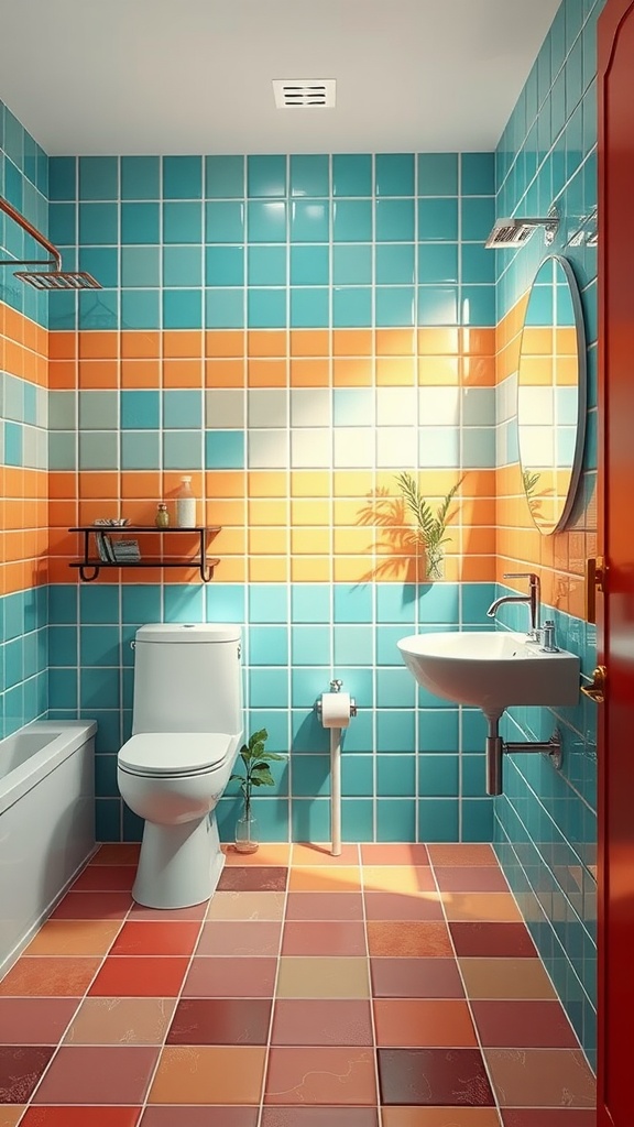 A bathroom featuring vibrant blue and orange tiles, showcasing bold color choices.