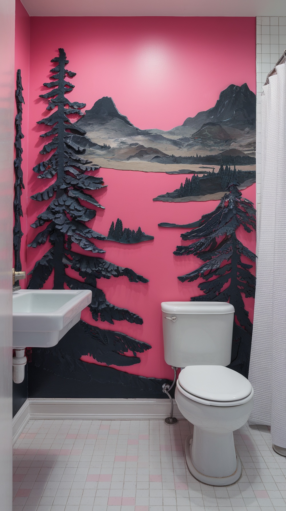 A pink bathroom with bold pink walls and black mountain art.