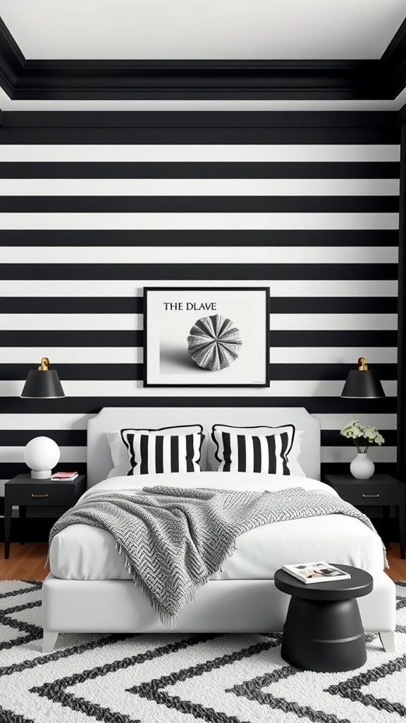 A modern black and white bedroom featuring bold striped accent walls, a white bed, and black furniture.