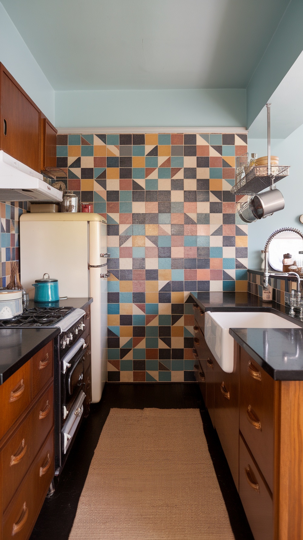 A vibrant Mid Century modern kitchen with geometric tile backsplash in bold colors.