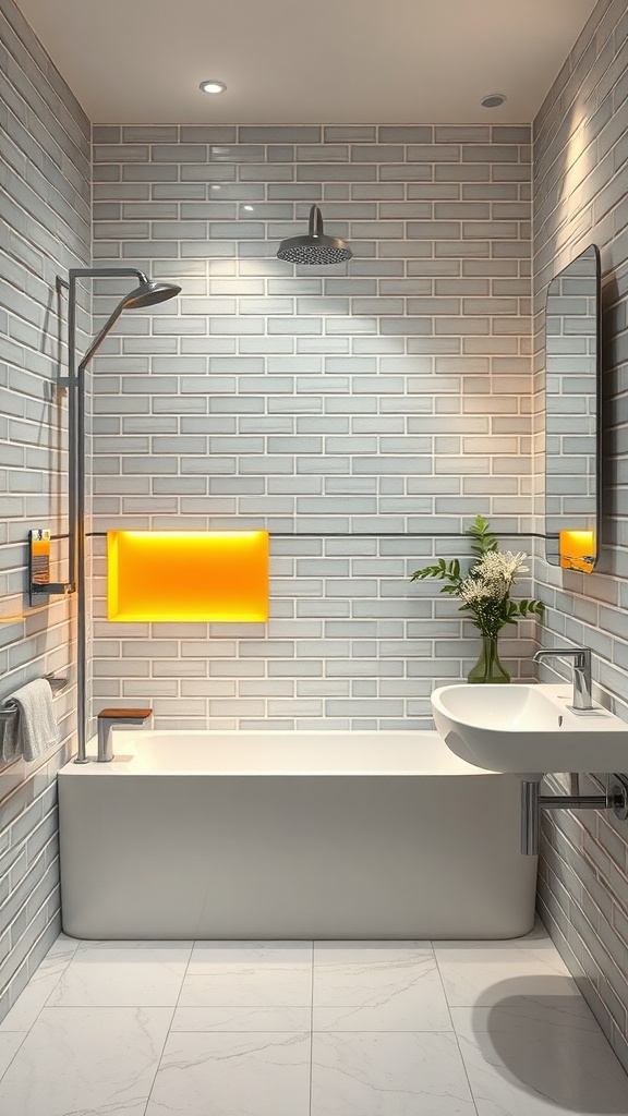 A modern bathroom with gray subway tiles and a bright yellow accent light