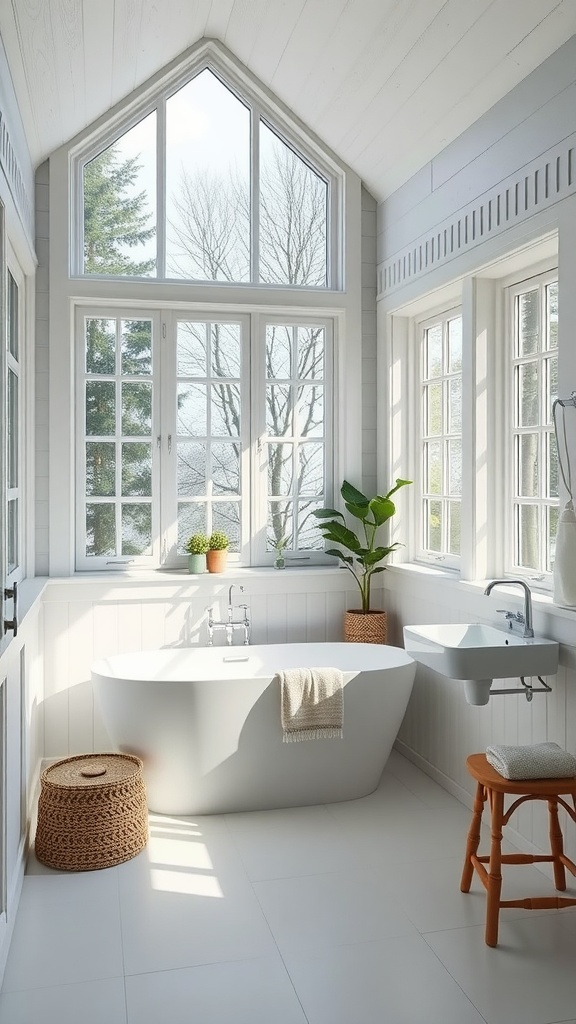 A bright and airy Scandinavian bathroom featuring large windows, a modern bathtub, and minimalist decor.