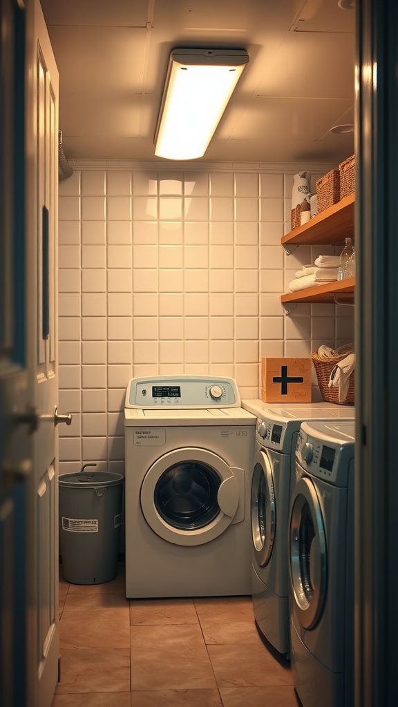 Brightly lit small laundry room with washing machines and shelves.