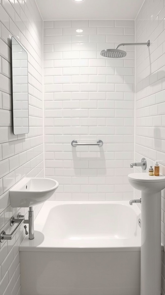 Modern bathroom with bright white subway tiles, a shower, and minimalist fixtures.