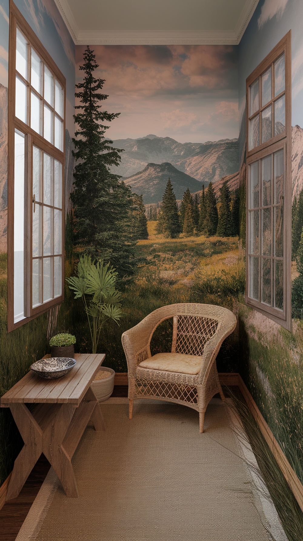 A small apartment living room with a nature mural, wooden furniture, and a plant.