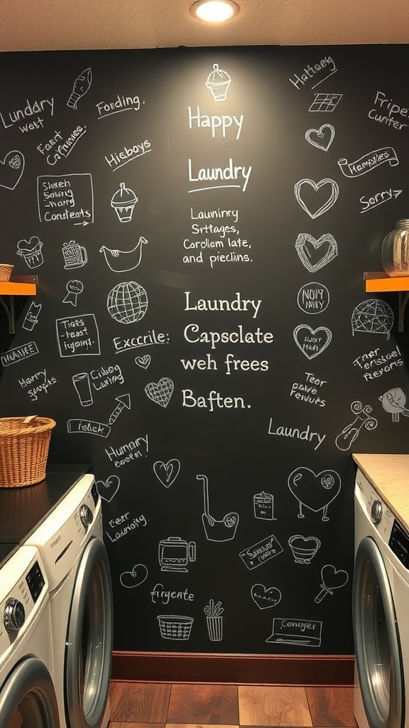 Chalkboard wall with various laundry-related drawings and text in a farmhouse laundry room