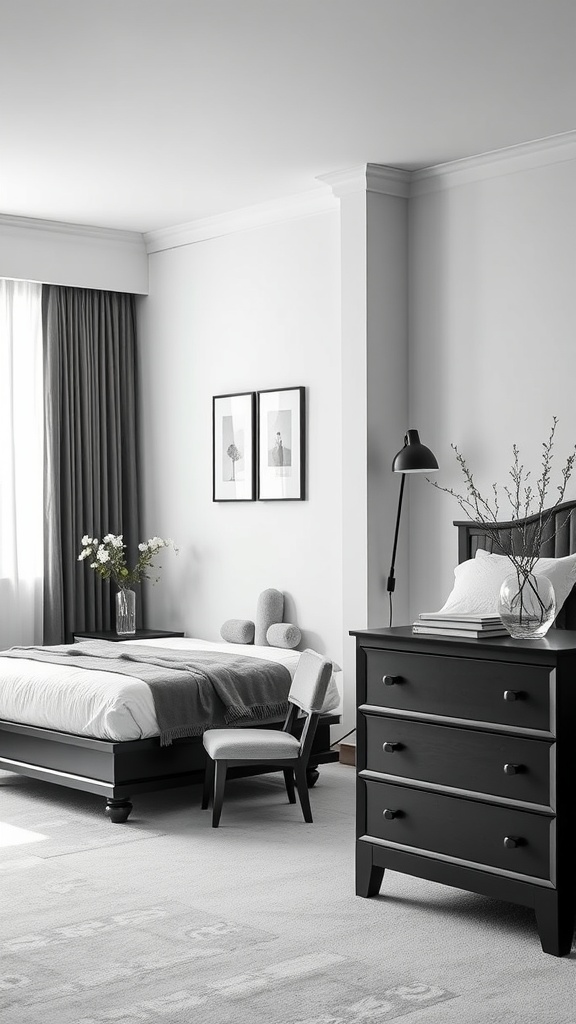 A stylish black and white bedroom featuring black wood accents, a bed with a grey throw, and a modern black dresser.