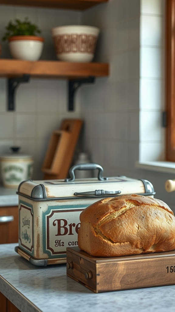 A vintage bread box with a loaf of bread on a kitchen countertop, showcasing vintage kitchen decor.