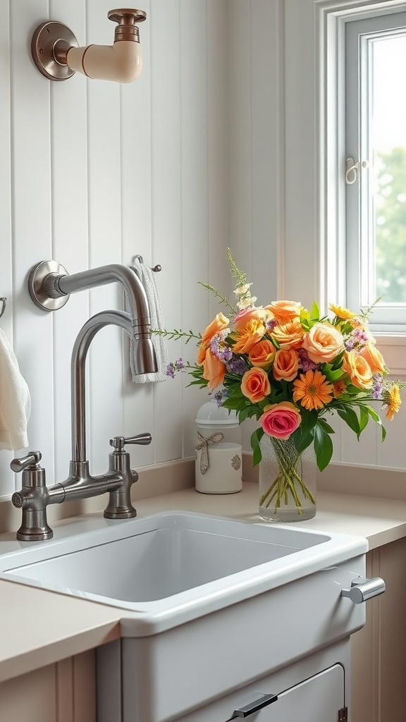 Charming farmhouse sink with a vintage faucet and a vibrant flower arrangement in a laundry room