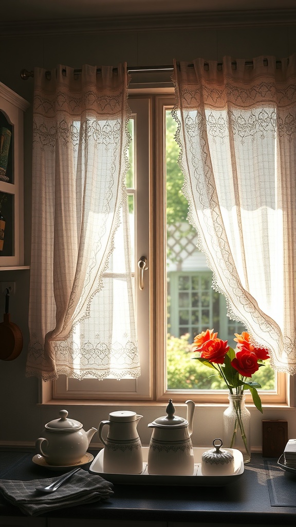 Lace curtains in a vintage kitchen with a view of roses outside