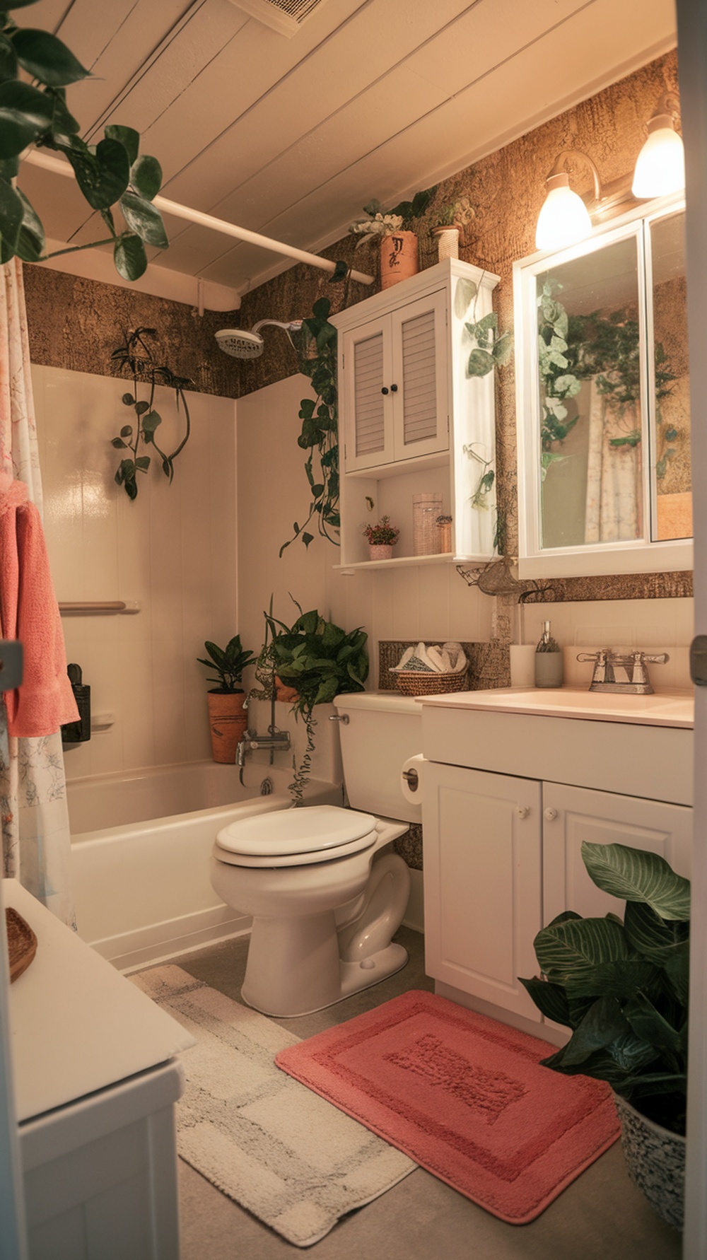 A charming pink bath mat in a cozy bathroom with plants and soft lighting.