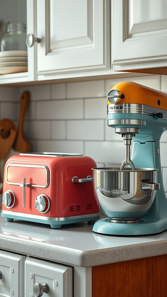 A pink toaster and a blue mixer on a kitchen countertop, showcasing charming retro appliances.