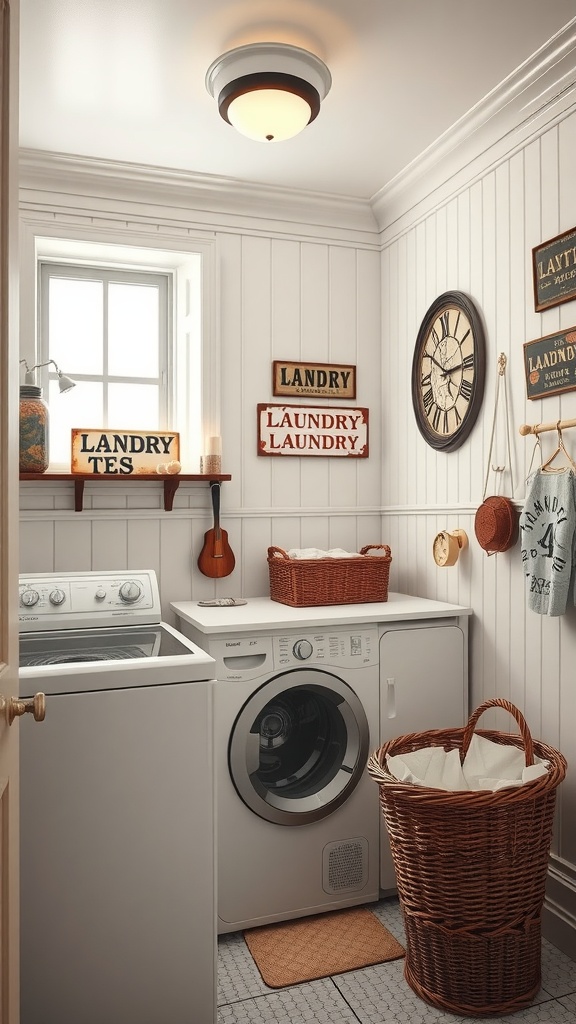 A cozy laundry room featuring vintage wooden signs, a round clock, and woven baskets, creating a charming atmosphere.
