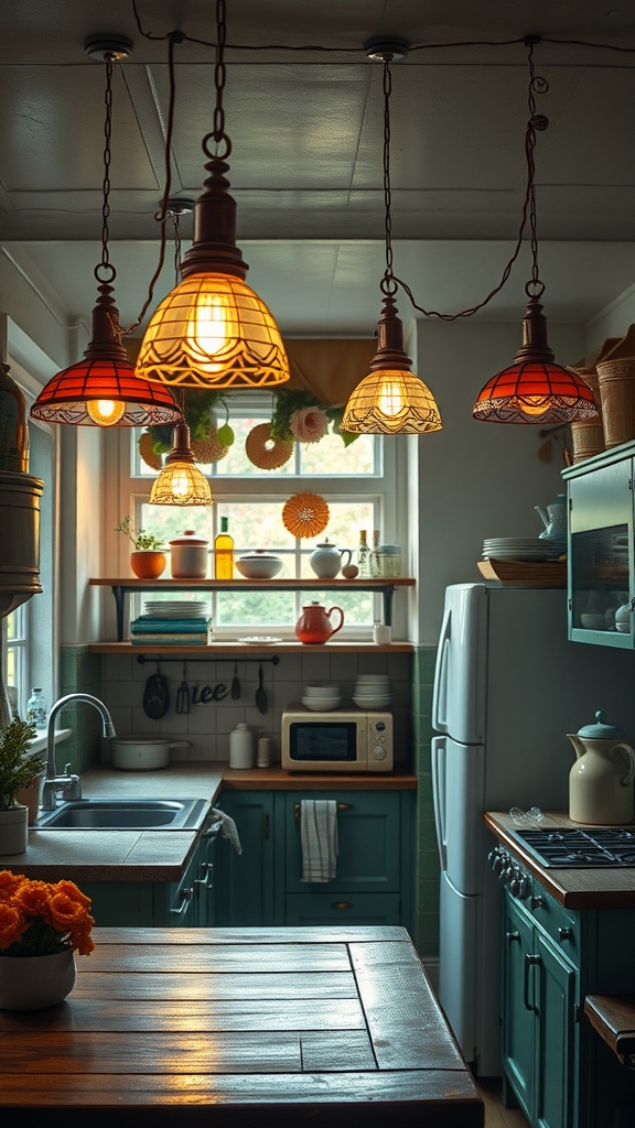 A cozy kitchen featuring charming vintage lighting fixtures with red glass shades, wooden shelves, and a welcoming atmosphere.