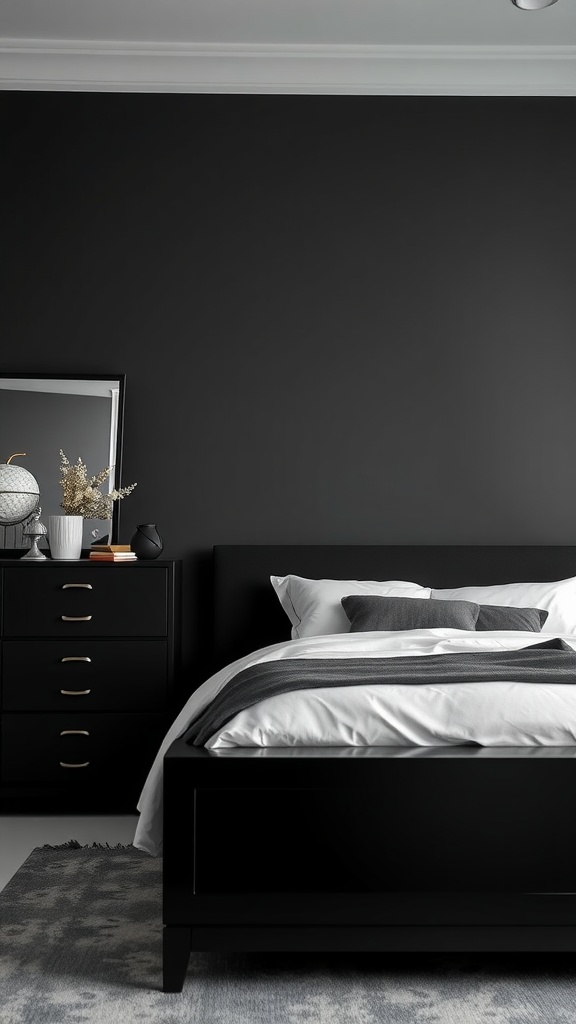 Chic black dresser and nightstand in a modern black and white bedroom.