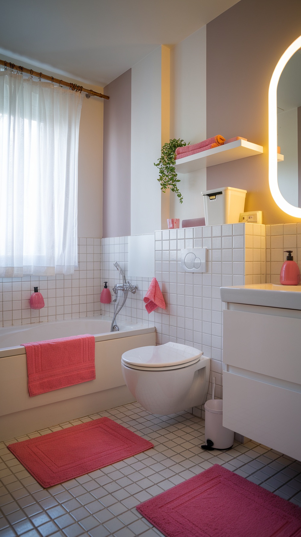 A chic pink bathroom featuring soft pink towels, a bathtub, and a stylish mirror