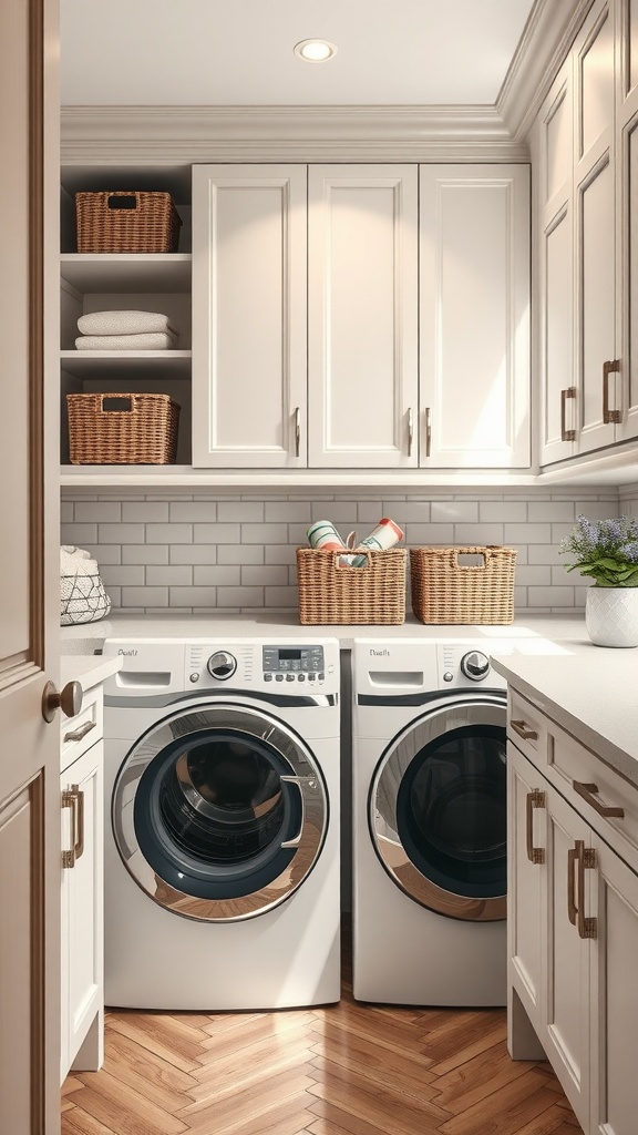 A stylish laundry room with modern appliances, white cabinetry, and wicker storage baskets.