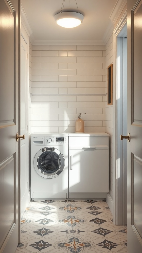 A small laundry room featuring white subway tiles and patterned floor tiles