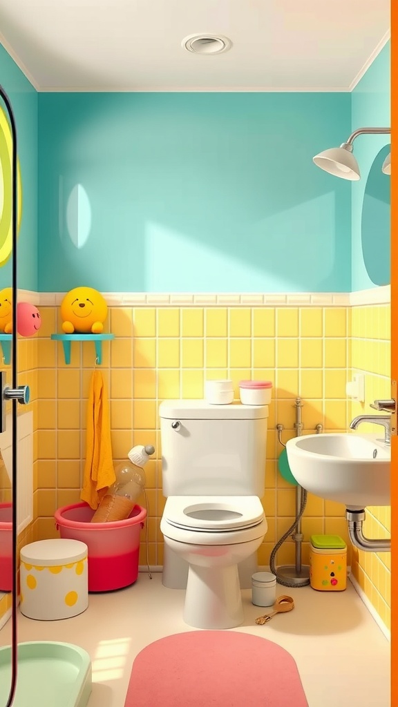 A colorful child-friendly bathroom featuring blue and yellow tiles, playful decor, and safety features.