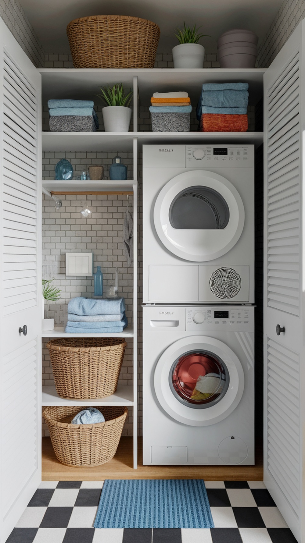 Compact laundry appliances in a small laundry room with organized shelves and baskets