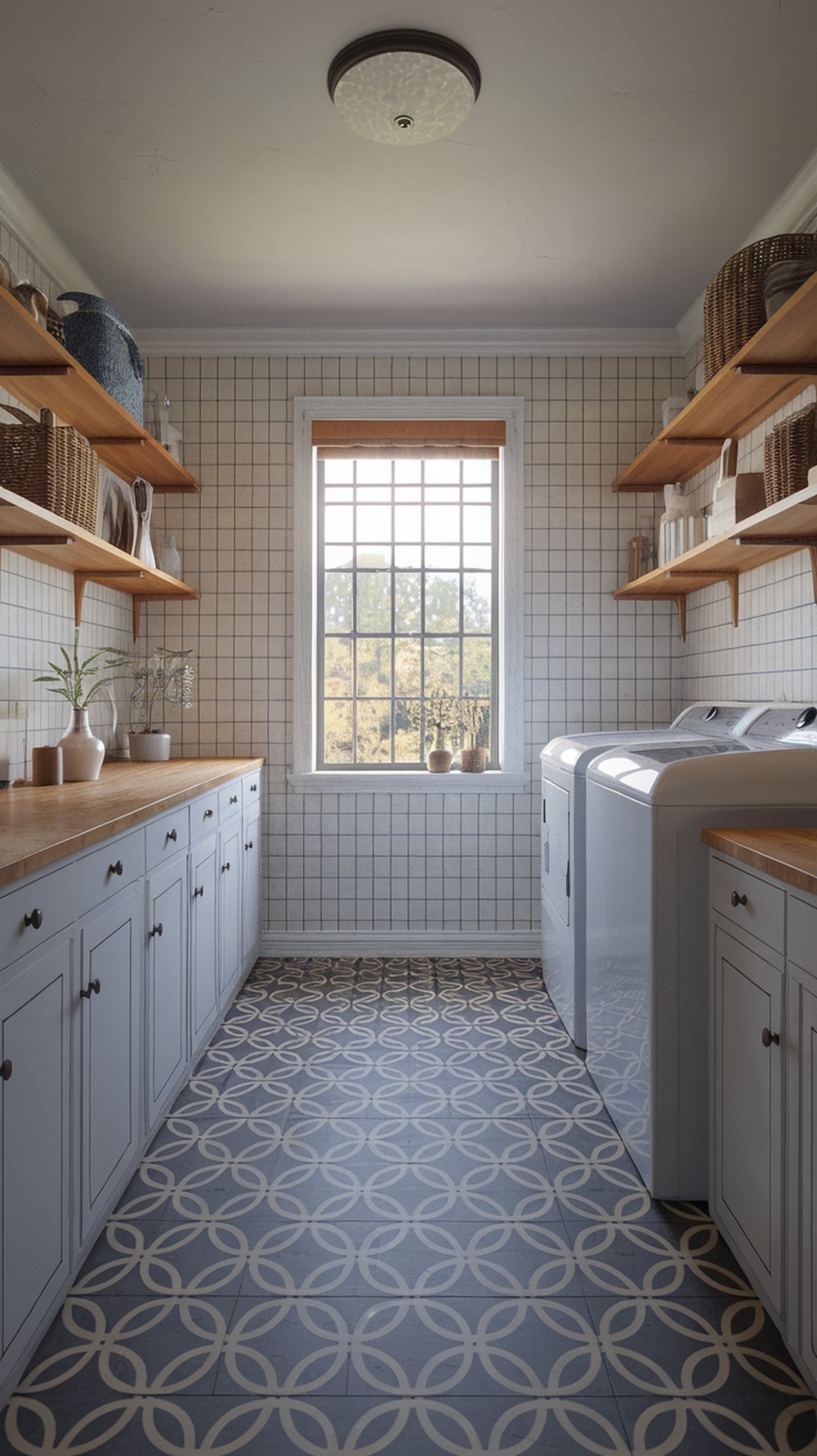 A small laundry room featuring patterned tiles, wooden countertops, and organized shelves