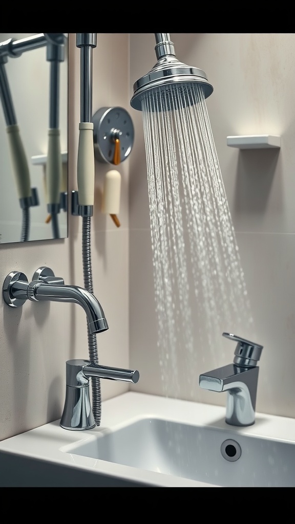Modern bathroom fixtures including a showerhead and sink faucets in a minimalist design.