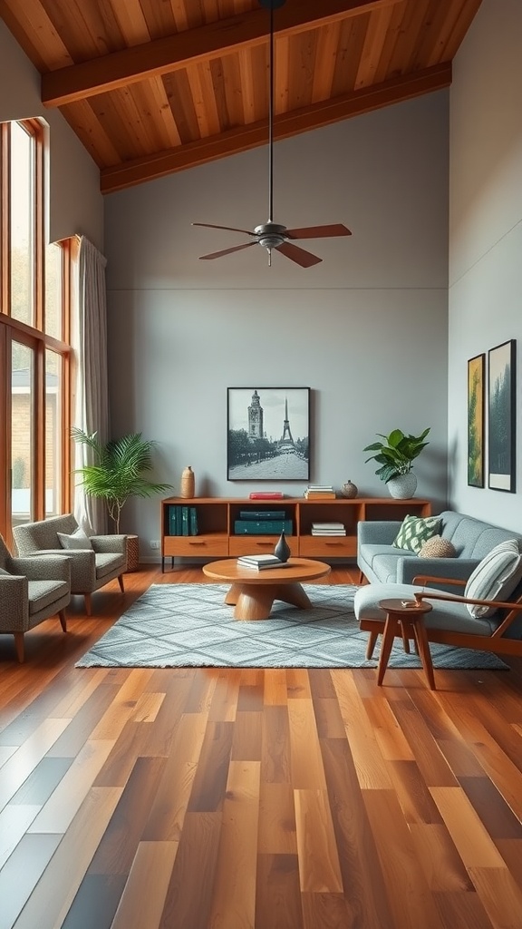 Mid century modern living room with wooden flooring, large windows, and stylish furniture.