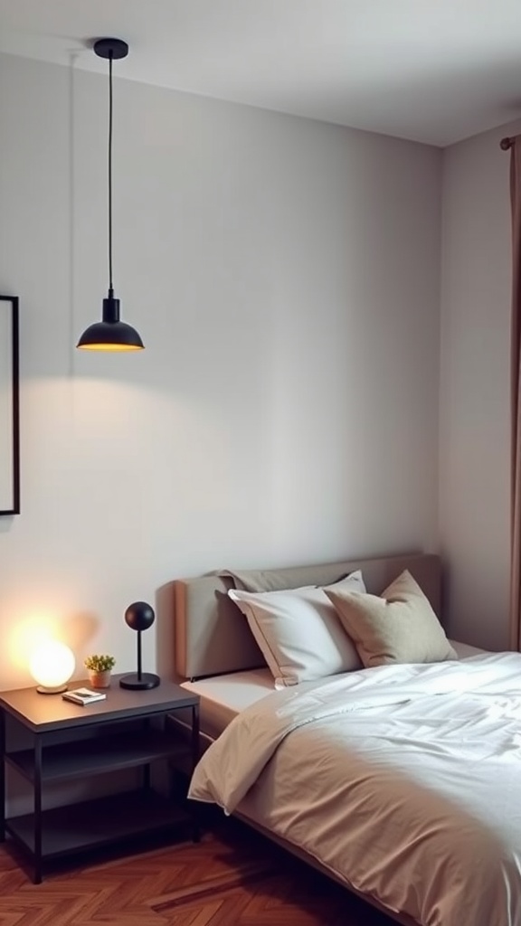 Cozy small bedroom with pendant light and bedside lamp