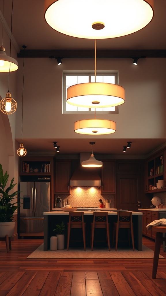 A stylish open kitchen and living room with modern lighting fixtures and warm wooden flooring.