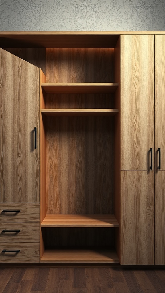 A wooden wardrobe with shelves and drawers, showcasing a modern design.