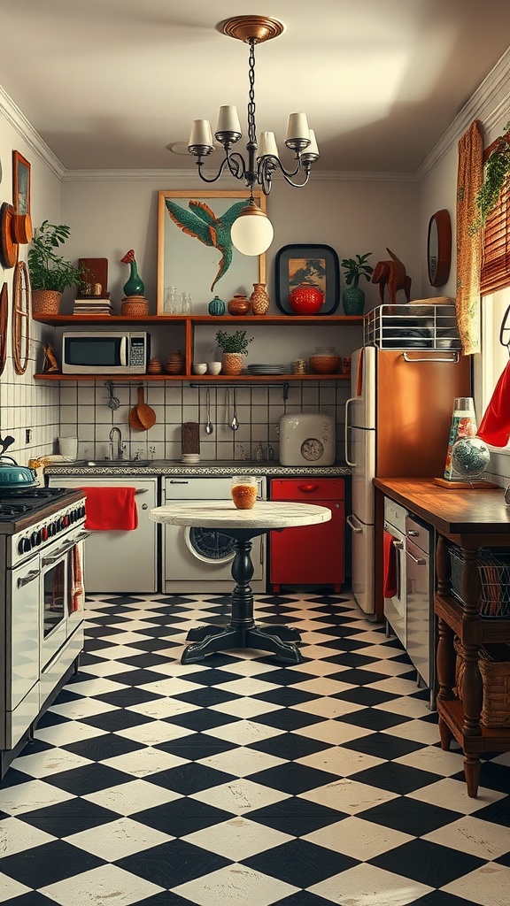 A vintage kitchen featuring classic black and white checkerboard flooring, retro appliances, and vintage decor.