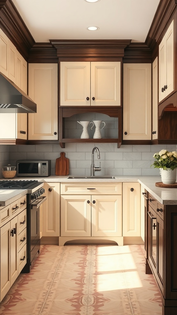 A kitchen featuring two tone cabinets in cream and dark wood finishes