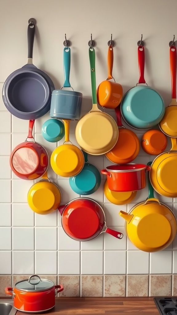 A colorful collection of enamelware pots and pans hanging on a wall, showcasing vintage kitchen decor.