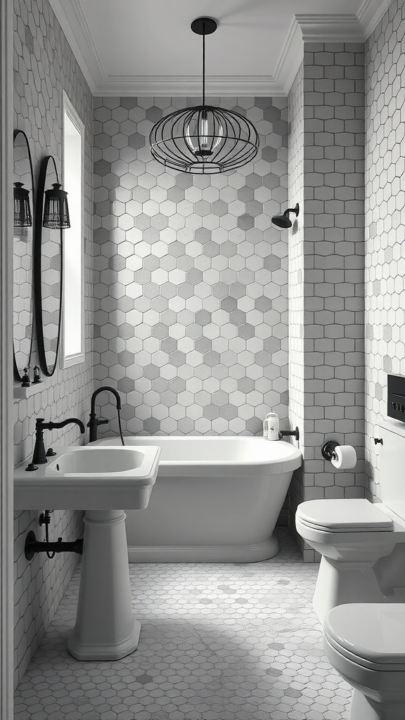 A stylish bathroom featuring classic hexagonal tiles in shades of gray, a white bathtub, and black fixtures.
