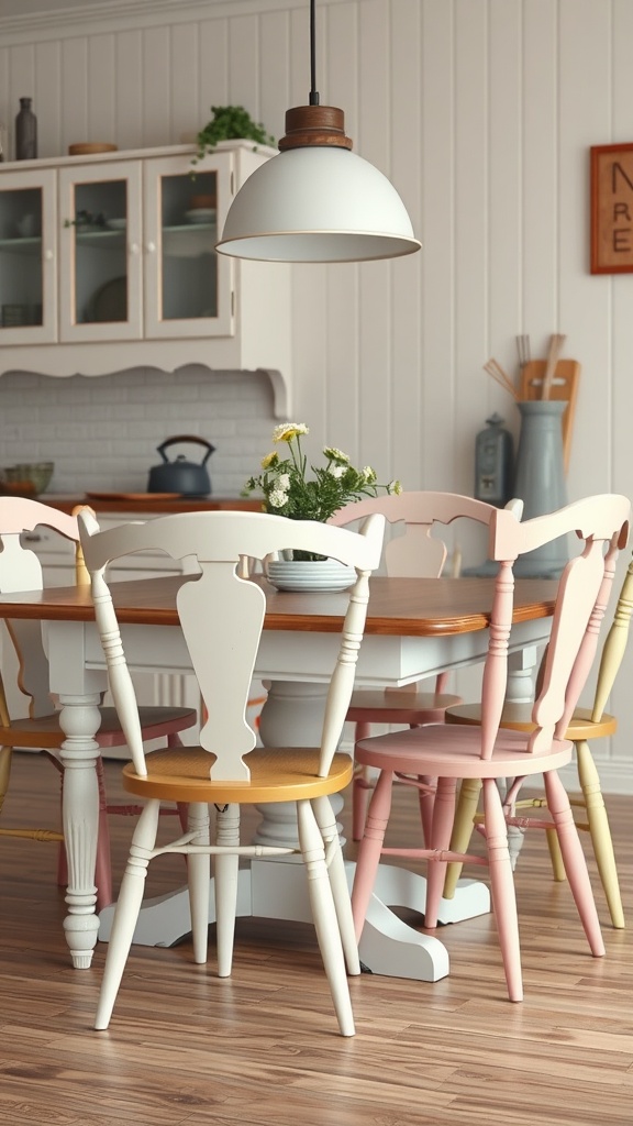 A cozy kitchen with classic vintage-style chairs in pastel colors around a wooden table, complemented by vintage wood shelves and soft lighting.