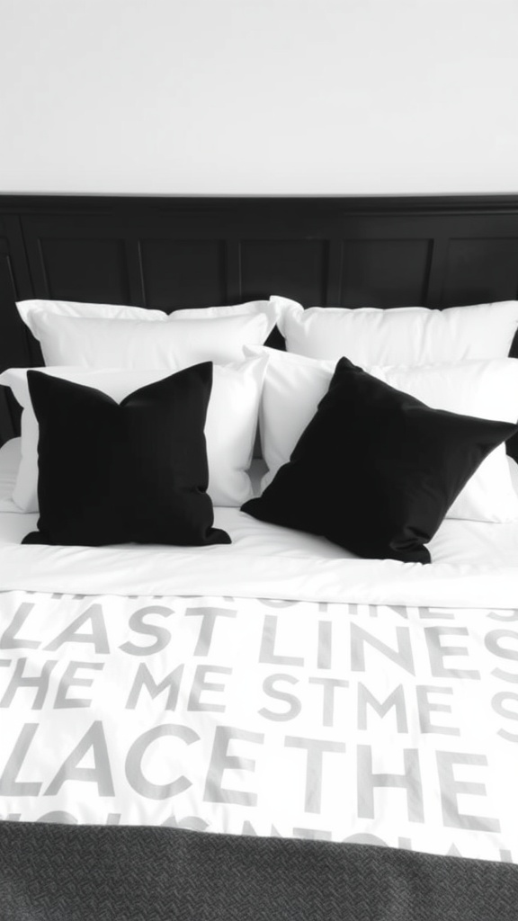 A stylish black and white bedding arrangement featuring white duvet with grey text and black pillows.