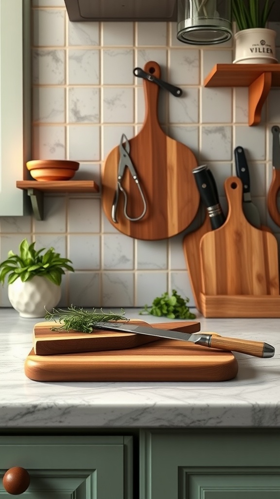 Classic wooden cutting boards on a marble countertop in a vintage kitchen setting.