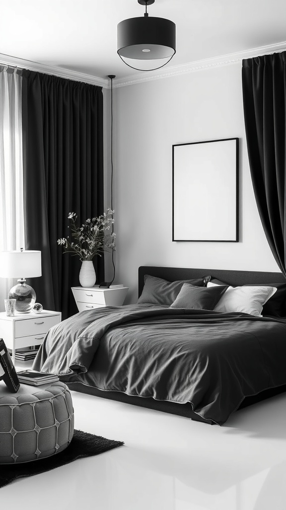 A stylish black and white bedroom featuring dark curtains, a black bed frame, and a light-colored nightstand.