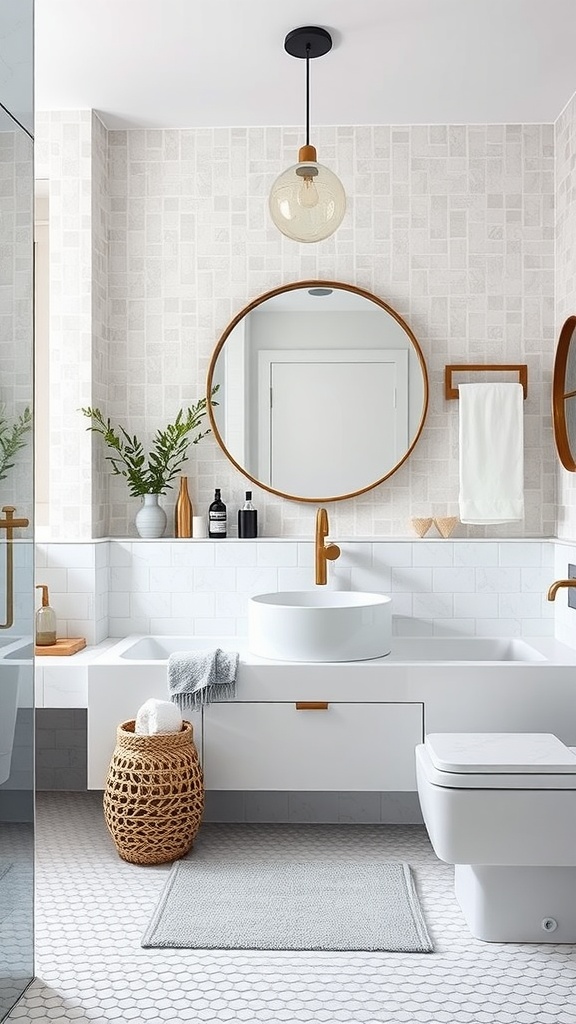 A modern Scandinavian bathroom with white subway tiles, a pedestal sink, and patterned floor tiles.