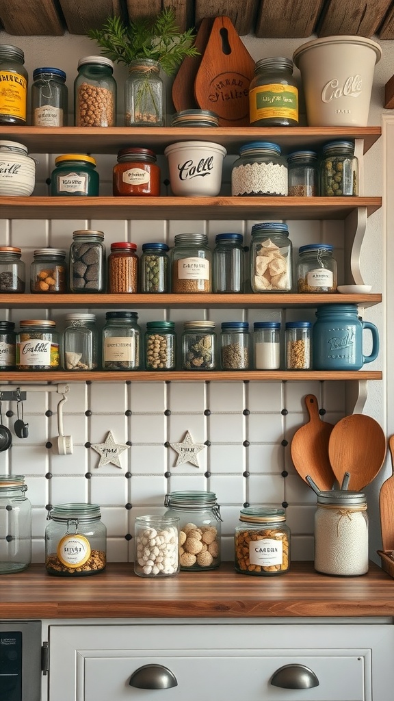 A collection of vintage jars displayed on wooden shelves in a kitchen