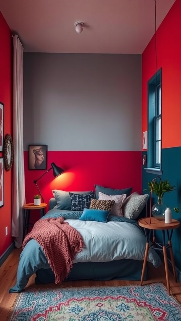 A modern small bedroom featuring color blocking with red and gray walls, a cozy bed with decorative pillows, and stylish decor.